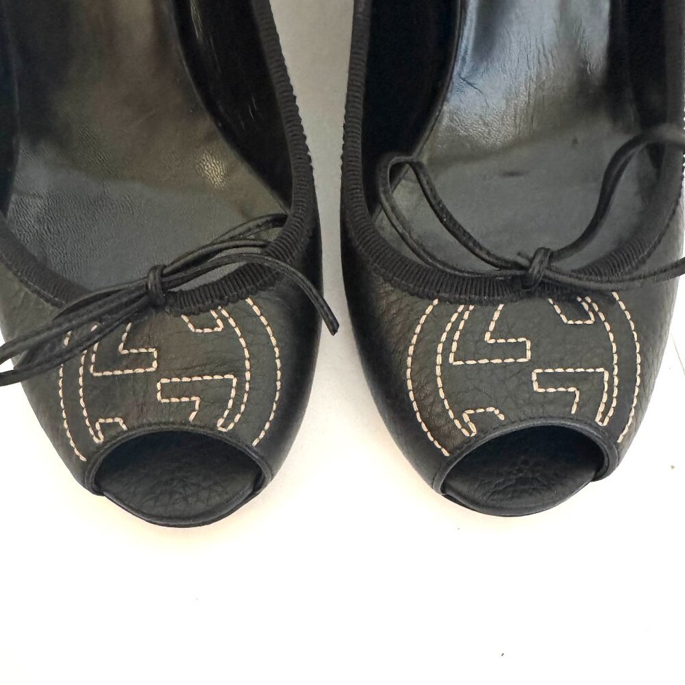 Gucci Black Leather Peep-toe Wedge Pumps with Box and Dust bag - Picture 3 of 9